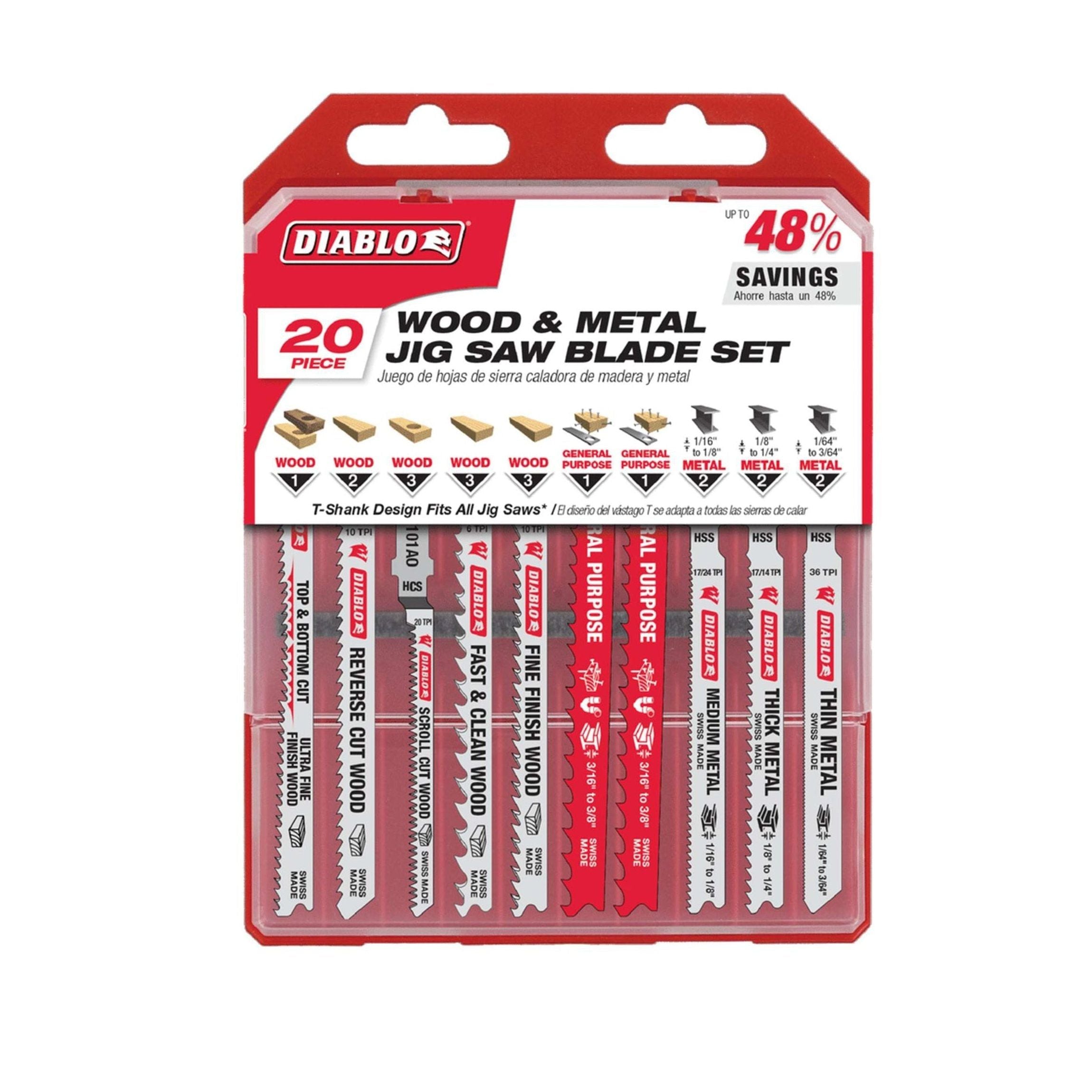 The Diablo DJT20S 20-piece set, designed for wood, metal, and plastics cutting, offers superior performance and longer blade life with up to 48% savings, featuring a range of specialized blades for different tasks.